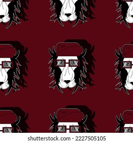 Seamless pattern with style lion in cap and glasses. Fashion animal cut out  print for wallpaper or fabric. Modern wrapping paper.