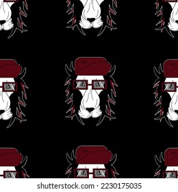 Seamless pattern with style lion in cap and glasses. Fashion animal print for wallpaper or fabric. Modern wrapping paper.