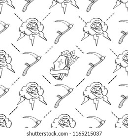 Seamless pattern in the style of old school tattoo with different outline elements.
