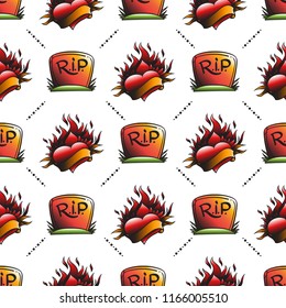 Seamless pattern in the style of old school tattoo with different elements.