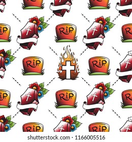 Seamless pattern in the style of old school tattoo with different elements.