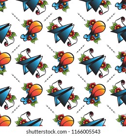 Seamless pattern in the style of old school tattoo with different elements.