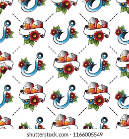 Seamless pattern in the style of old school tattoo with different elements.