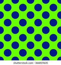 Seamless pattern in the style of polka dot blue circles large black stripes on a bright neon green background.