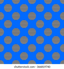 Seamless pattern in the style of polka dot big black white circles with stripes on a bright blue neon background.
