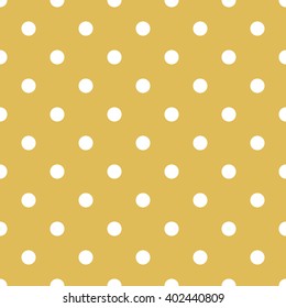 Seamless pattern in the style of polka dot. In two colors white circles on a trendy color dark yellow spicy mustard background.