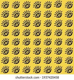 Seamless pattern in the style of psychedelic black eyes on cheerful yellow background. Black eyes with lashes in flat design for textile, print, apparel. Contemporary trendy vector illustration.