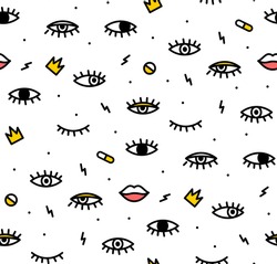 Seamless Pattern In The Style Of Psychedelic Eyes With His Lips. Pattern For Fashion With Eyes. The Template For The Cover Fabric, Books. Modern Design For The Fabric.
