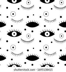Seamless pattern in the style of psychedelic eyes. Closed and open black eye. Pattern for fabric covers, books. Stock illustration. Vector illustration.