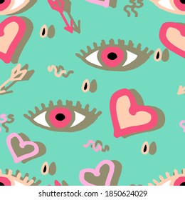 Seamless pattern in the style of psychedelic eyes with lips. Pattern for fashion with eyes. Template for the cover of fabric, books. Modern fabric design.