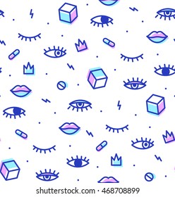 Seamless pattern in the style of psychedelic eyes with his lips. Style offset and multiply. The template for the cover fabric, books. Modern design for a party.