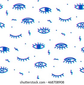 Seamless pattern in the style of psychedelic eyes. Style offset and multiply. The pattern for the fabric cover, the book.