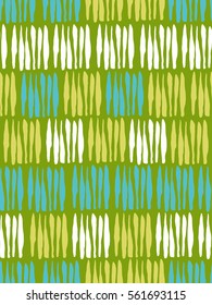 Seamless pattern in the style of the sketch. White, yellow, blue stripes on a green background. Hand drawing ink. Modern minimalism. Vector illustration.