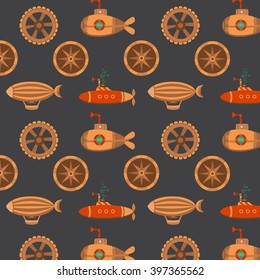 Seamless pattern in the style of steampunk. Background for cards, invites, web pages, banners, covers, wallpaper. Seamless vintage texture with a balloon, gears, submarine. Vintage background.
