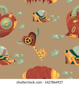 seamless pattern in the style of steampunk. Fantasy aircrafts hearts and keys on coffee background. Stylish print for fabric, wallpaper, scrapbooking, background, gift paper.