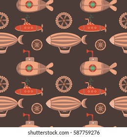 Seamless pattern in the style of steampunk. Vector vintage pattern with a submarine and the airship. Background for cards, invitations, web pages, banners, covers, wallpaper.