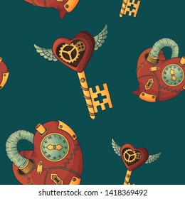 Seamless pattern in the style of steampunk. Vintage hearts and keys on turquoise background. Vector cartoon background