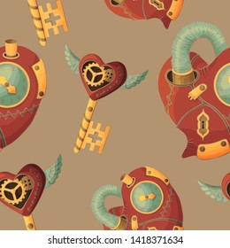 Seamless pattern in the style of steampunk. Vintage hearts and keys on coffee background. Vector cartoon background