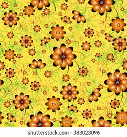 Seamless pattern in the style of the summer of orange abstract flowers on a yellow background
