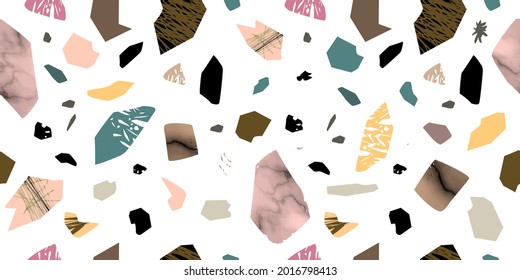 seamless pattern in the style of Terrazzo on a transparent background. Fragments of marble, quartz, granite chips to create an up-to-date design of business cards, tiles