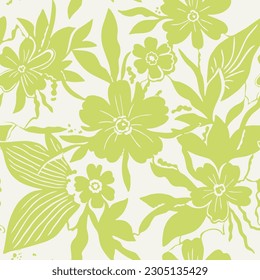 Nahtlose Muster im Stil des tropischen Sommers mit der Silhouette eines exotischen Blumenzweigs. Trendfarbene Tapete mit exotischen grünen Blumen auf weißem Hintergrund.