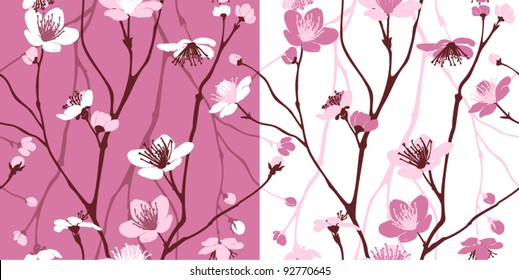 Seamless pattern with styled spring cherry blossoms