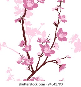 Seamless pattern with styled spring cherry blossoms