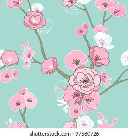 Seamless pattern with styled spring cherry blossoms