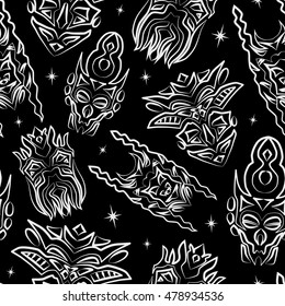 Seamless pattern with styled white totem masks on black background