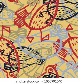 Seamless pattern with Stylised birds,hand-drawn, scanned and translated into a vector