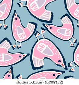 Seamless pattern with Stylised birds,hand-drawn, scanned and translated into a vector
