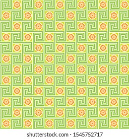 seamless pattern with stylised flower medallions and meander ornaments in happy green, yellow and orange colors 