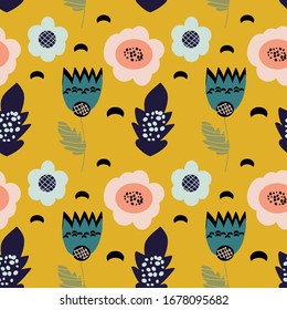 Seamless pattern with stylised flowers and leafs. Floral colorful design for baby products, fabric, wallpaper, interior, surface decoration and more