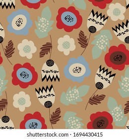 Seamless pattern with stylised flowers and leafs. Floral colorful design in scandinavian style for fabric, wallpaper, interior, surface decoration and more