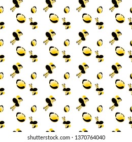 Seamless pattern with stylised golden rabbits and eggs on white background. Vector illustration.