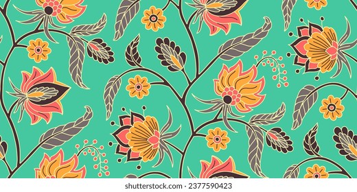 Seamless pattern with stylised indian style flowers and leaves on a stem. Hand drawn floral repeat background