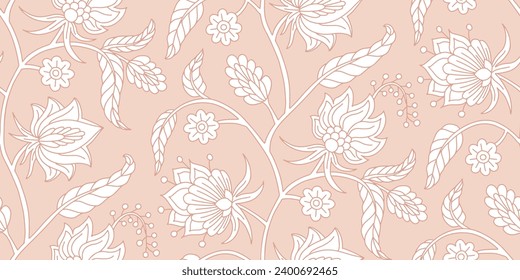 Seamless pattern with stylised indian style flowers and leaves on a stem. Hand drawn floral repeat background