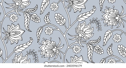 Nahtloses Muster mit stylisierten indianischen Blumen und Blättern auf einem Stamm. handgezeichnet, floraler, wiederholter Hintergrund