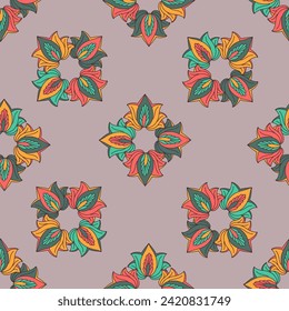 Seamless pattern with stylised indian style rosettes and leaves on a gray backgound. Hand drawn floral repeat wallpaper