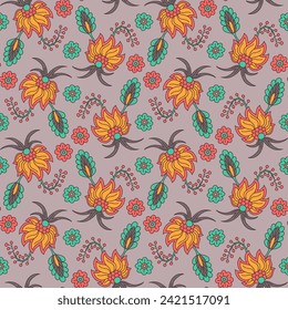 Patrón sin foco con flores estilizadas de estilo indio y hojas sobre un fondo gris. Papel mural de repetición floral dibujado a mano