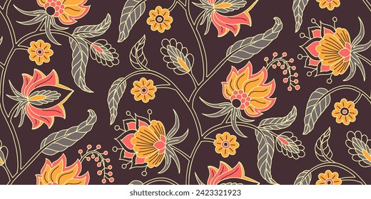 Nahtloses Muster mit stylisierten indianischen Blumen und Blättern auf einem Stamm. handgezeichnet, floraler, wiederholter Hintergrund