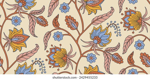 Seamless pattern with stylised indian style flowers and leaves on a stem. Hand drawn floral repeat background