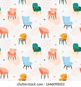 Seamless pattern with stylish armchairs. Scandinavian furniture seamless vector pattern. Trendy seamless print with furniture elements. Vector texture for textile, postcard, packaging, print cover. 