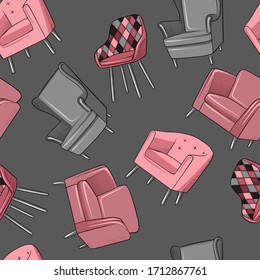 Seamless pattern with stylish armchairs. Scandinavian furniture seamless vector pattern. Fashionable seamless print with furniture elements. Vector texture for textile, cards, wrapping, cover printing