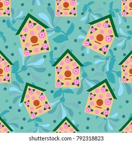 Seamless pattern stylish. Birdhouses multi colored on a blue floral background. For textiles, Wallpaper, paper, decor.