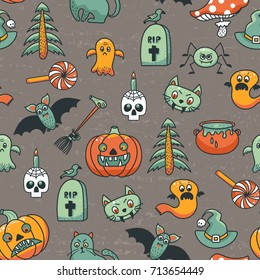 Seamless pattern with stylish cartoon characters for Halloween. Vector illustration.