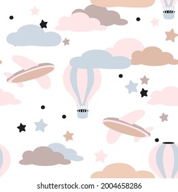 Seamless pattern. Stylish childish background with airplane, clouds and balloons. Cute pattern for baby fabrics, wallpapers, packaging.