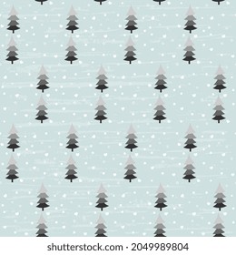Seamless pattern with stylish Christmas trees of gray shades, hearts, stars on a light blue background with a scratch effect. Festive vector illustration.