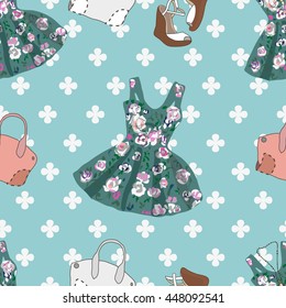 seamless pattern stylish clothes, dress, shoes and bag. vector illustration