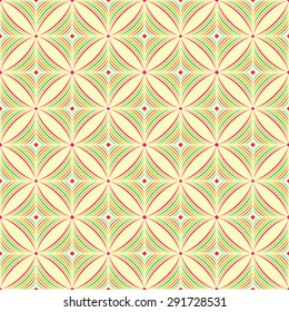 Seamless pattern. Stylish colourful texture. Color tile with regularly repeating geometrical elements, shapes, rhombuses, arcs, crossed circles. Backdrop. Web. Vector element of graphic design
